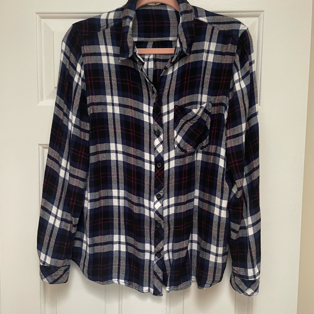 beachlunchlounge Plaid Button Down Shirt - Navy, White,Pink